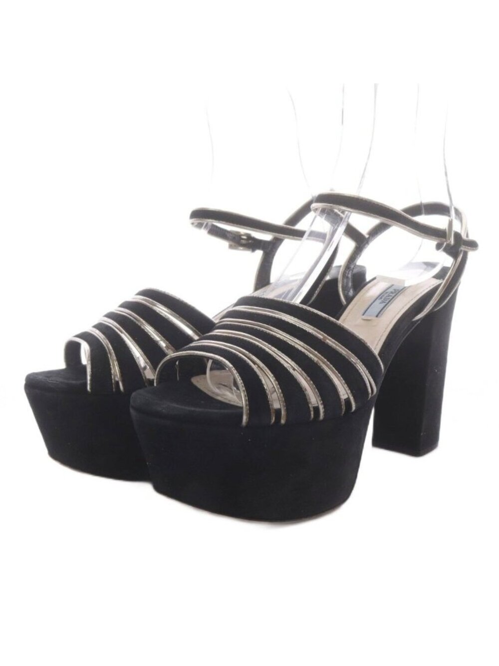 Prada Sandals Chunky Heel Strap Suede Black
